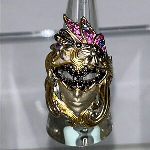 Madre Gras Masked Woman Sterling Palladium Designer Genuine Gemstone Ring Boho